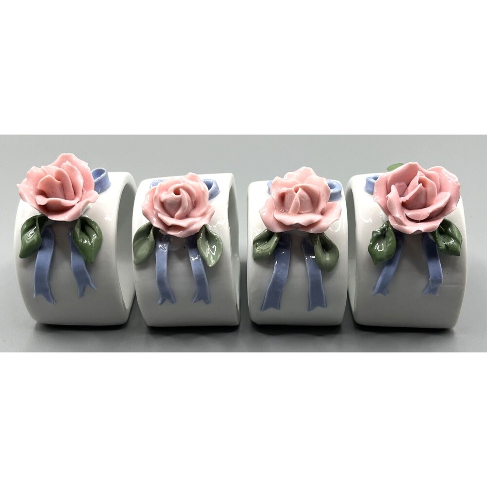 Set of 4 Porcelain Floral Napkin Rings Hand Finished Pink Roses Flowers Cottage